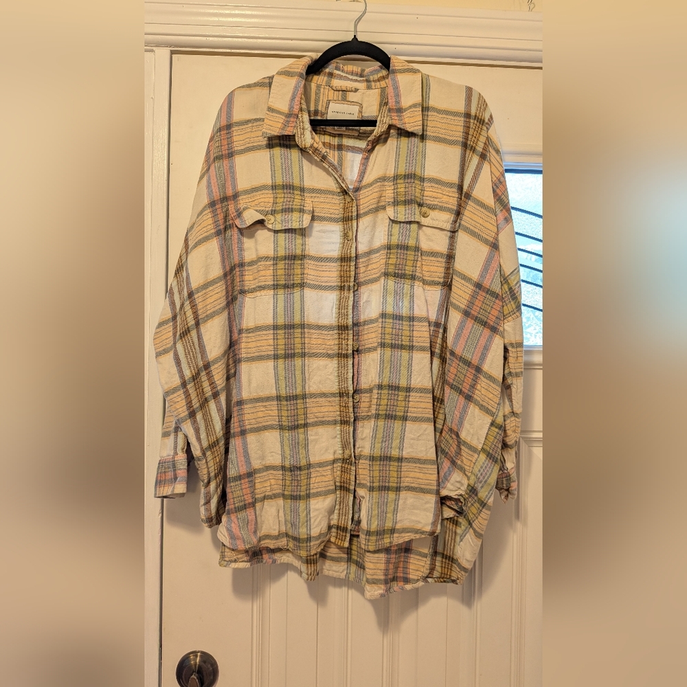 American Eagle Outfitters Plaid Button Down Shirt - Cream, Yellow, Pink, Green